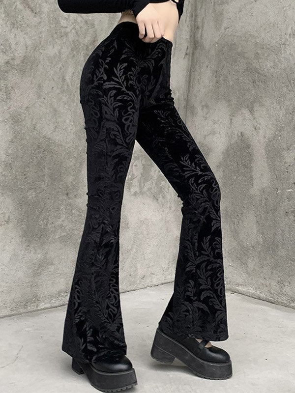 Black vintage flared trousers with embossed velvet and flared legs