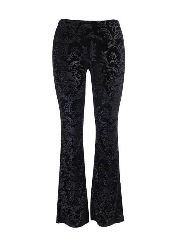 Black vintage flared trousers with embossed velvet and flared legs