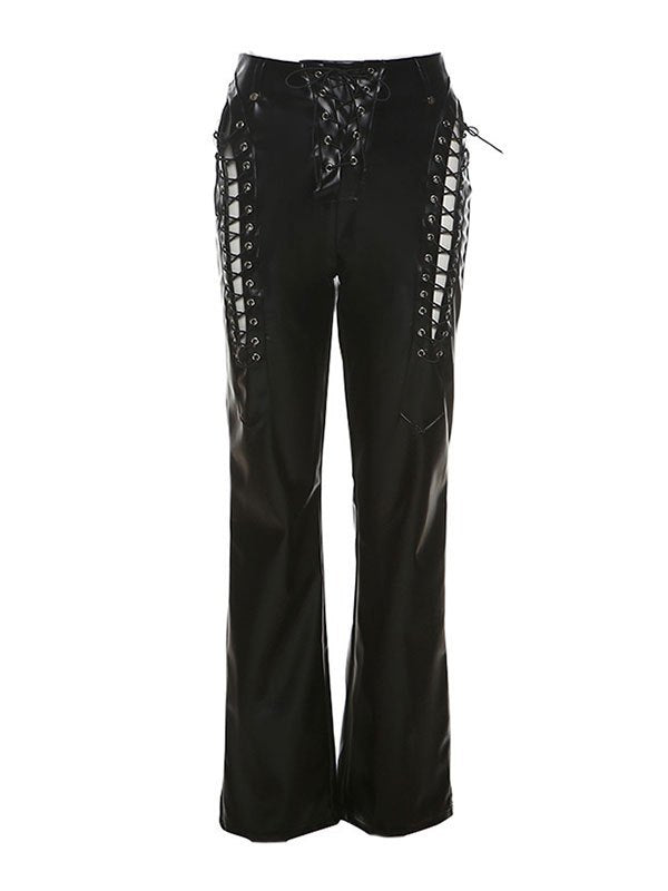 Vintage Black Faux Leather Pants with Cutout Detail