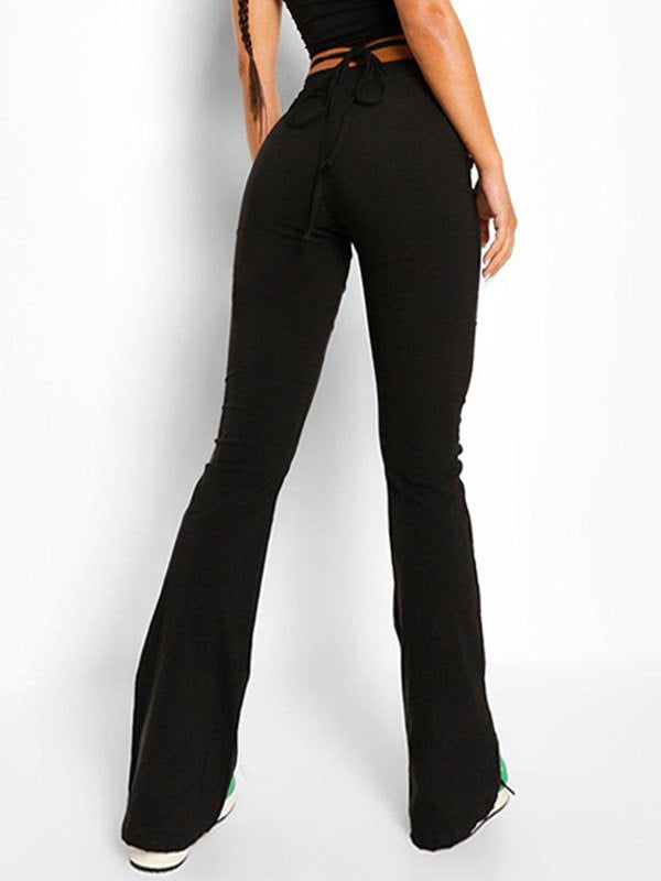 Black flared trousers with V-shaped lacing