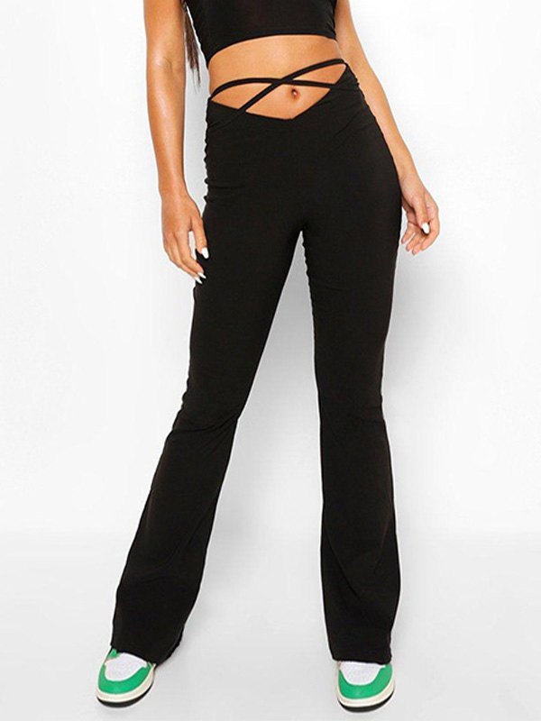 Black flared trousers with V-shaped lacing