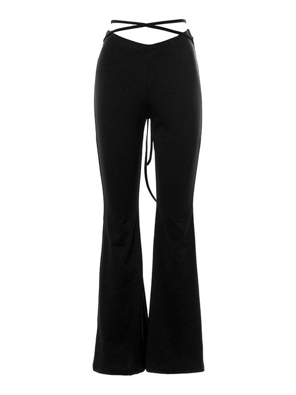 Black flared trousers with V-shaped lacing