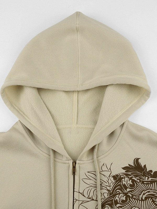 Vintage khaki zip-up hoodie with floral graphics