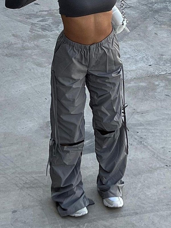 Punk cargo pants with cutouts and lace-up straps