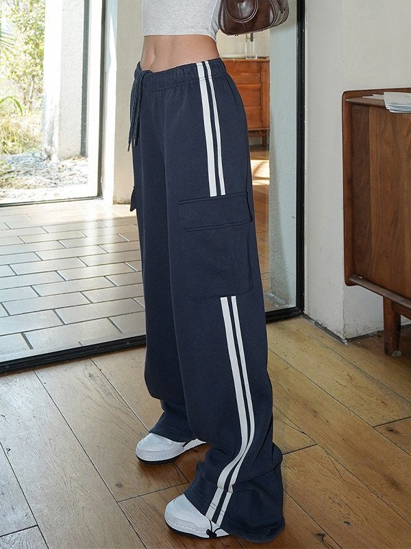 Navy Blue Hip Hop Pockets Side Stripe Baggy Sweatpants