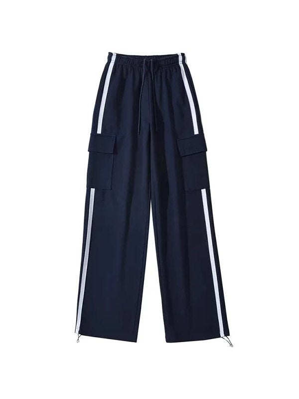 Navy Blue Hip Hop Pockets Side Stripe Baggy Sweatpants