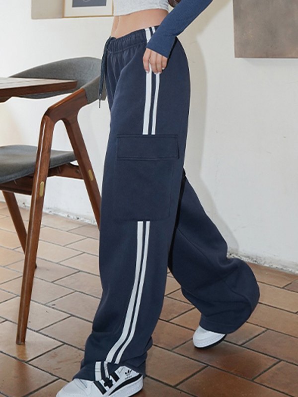 Navy Blue Hip Hop Pockets Side Stripe Baggy Sweatpants