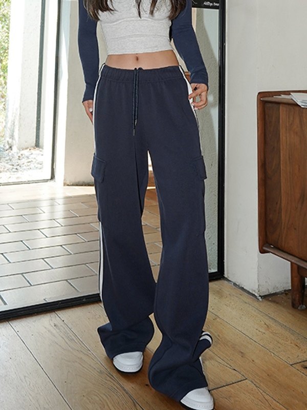 Navy Blue Hip Hop Pockets Side Stripe Baggy Sweatpants