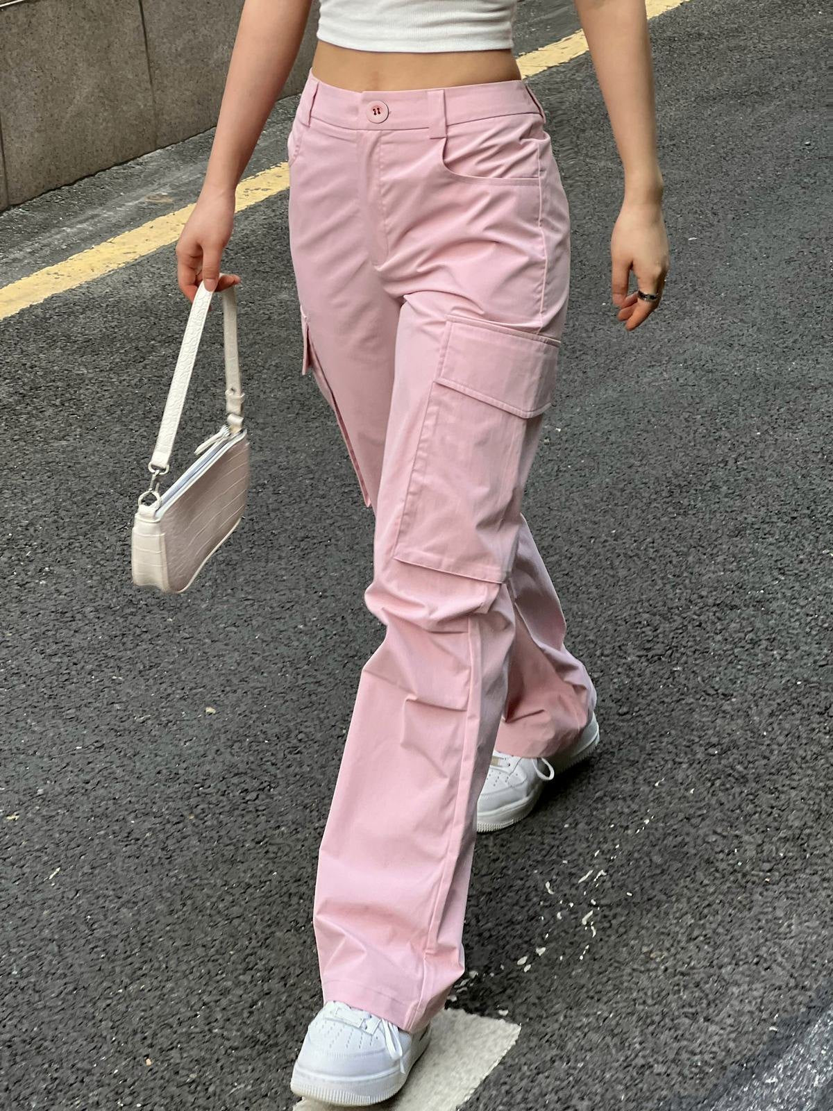 Ruffled Pink Cargo Pants with Straight Leg