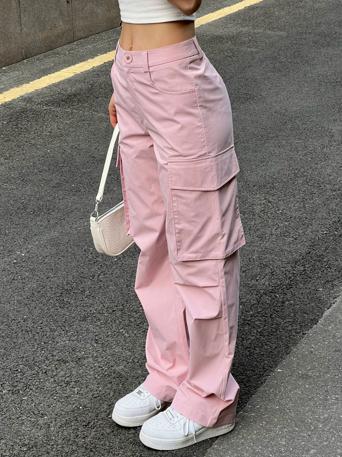 Ruffled Pink Cargo Pants with Straight Leg