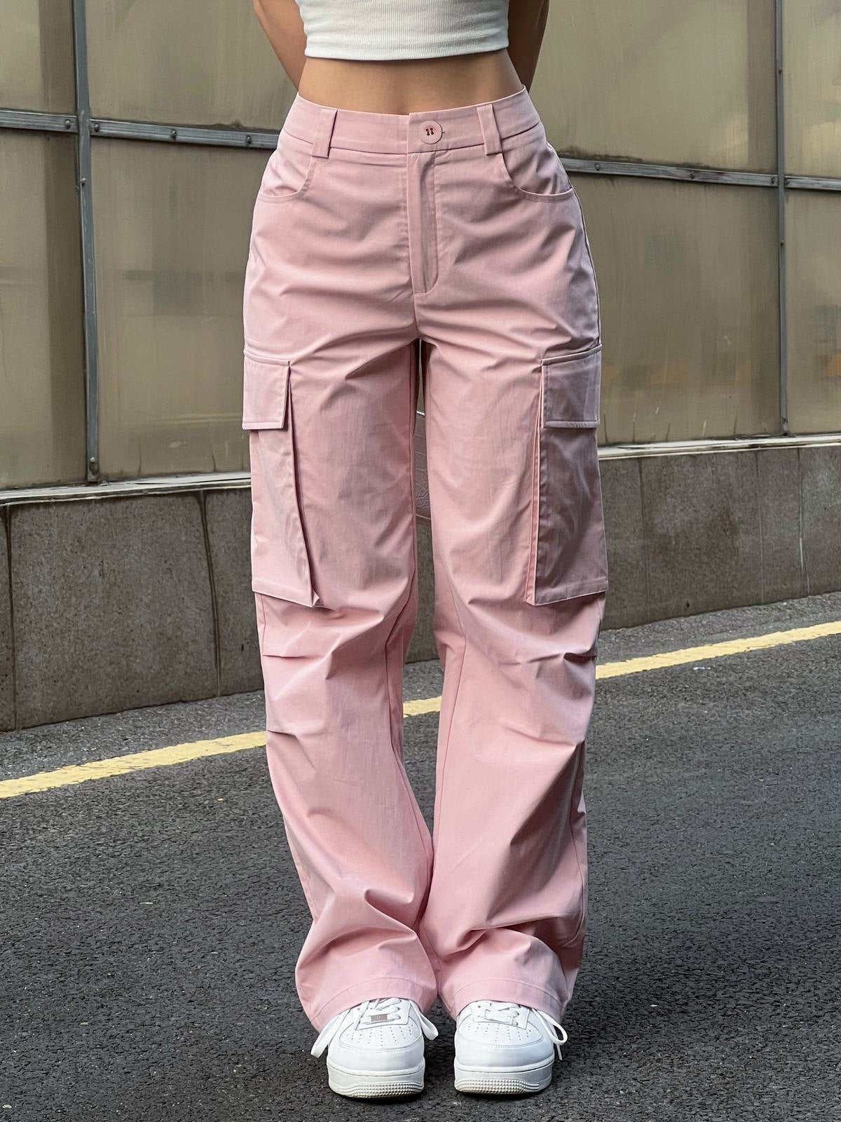 Ruffled Pink Cargo Pants with Straight Leg