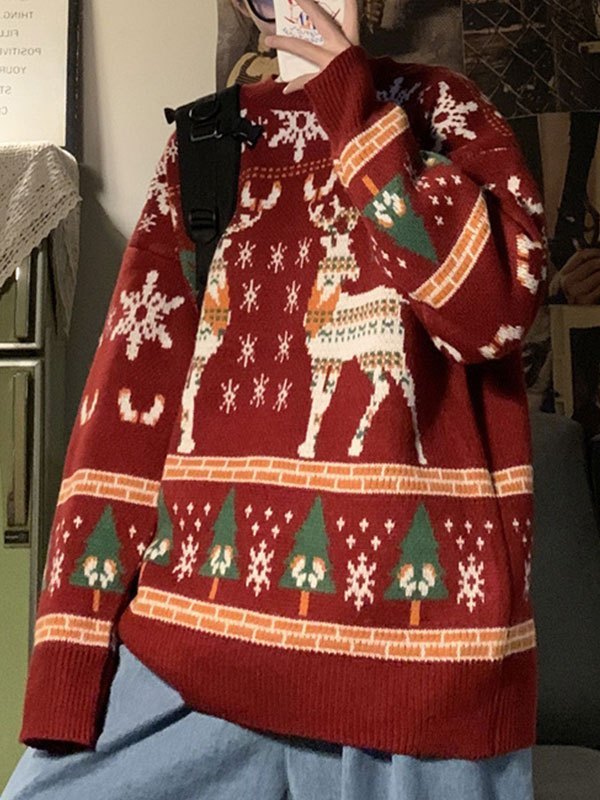 Vintage Red Christmas Deer Crew Neck Sweater