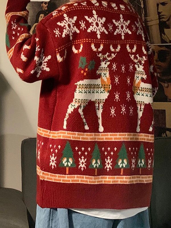 Vintage Red Christmas Deer Crew Neck Sweater