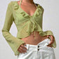 Vintage Sheer Mesh Long Sleeve Crop Blouse with Ruffles