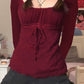 Vintage Red Long Sleeve Top with Lace Trim