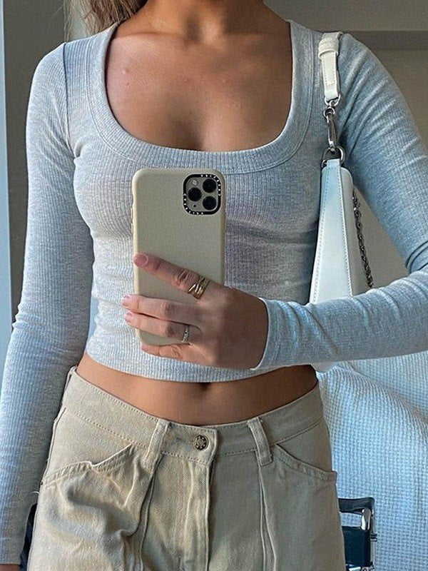 Gray basic long sleeve knit crop top