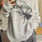 Gray punk rib knit sweater with printed spider