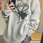 Gray punk rib knit sweater with printed spider