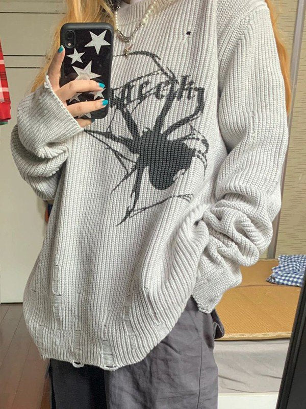 Gray punk rib knit sweater with printed spider