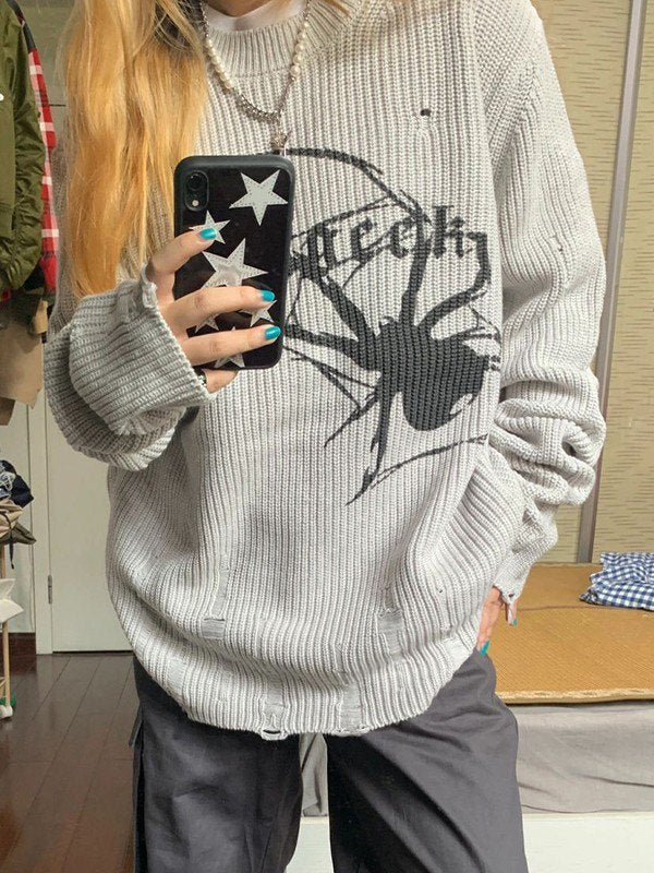 Gray punk rib knit sweater with printed spider