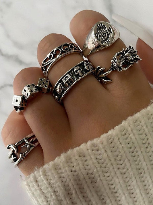 Set of 6 silver punk skull rings