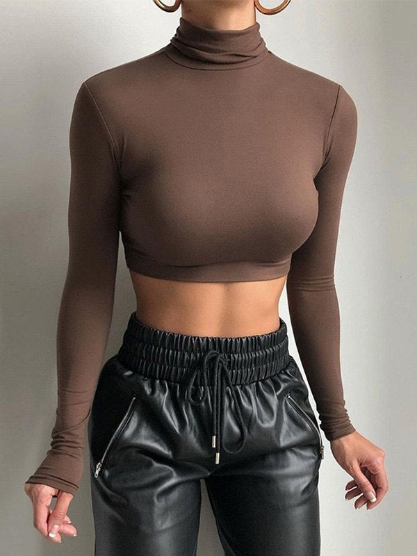 Einfarbiges Y2K Rollkragen Langarm Cropped Top