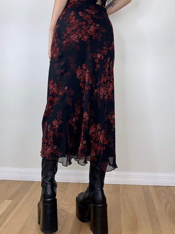 Vintage midi skirt with mesh inserts and floral pattern