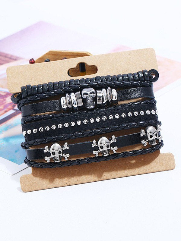 4 Pieces Black Punk Skull Pu Leather Bracelet Set