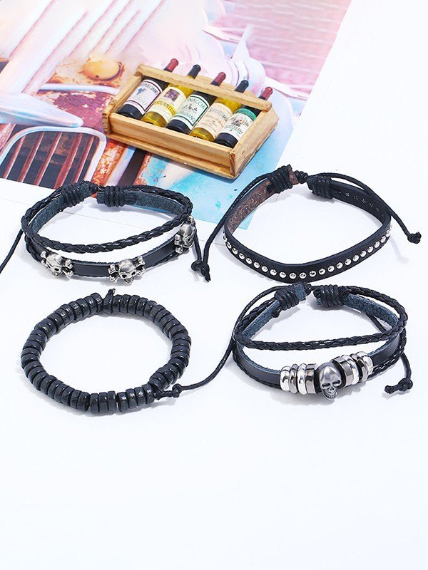 4 Pieces Black Punk Skull Pu Leather Bracelet Set