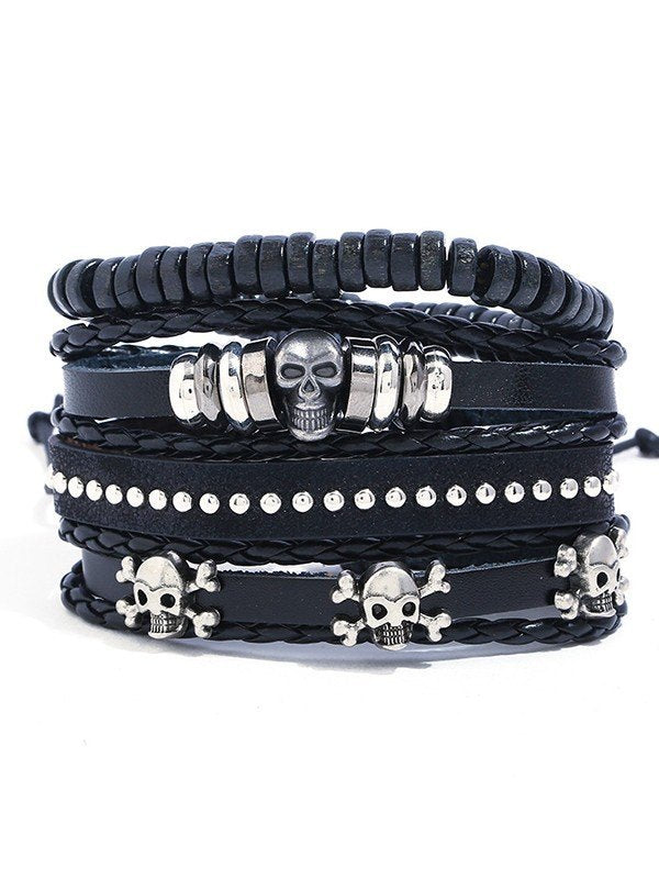 4 Pieces Black Punk Skull Pu Leather Bracelet Set