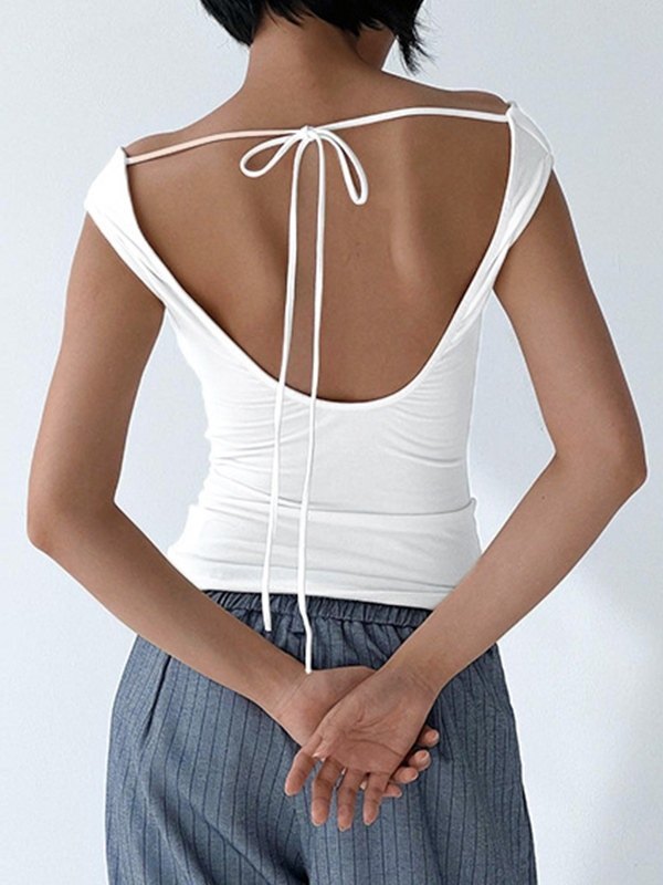 White vintage backless tank top with waterfall neckline