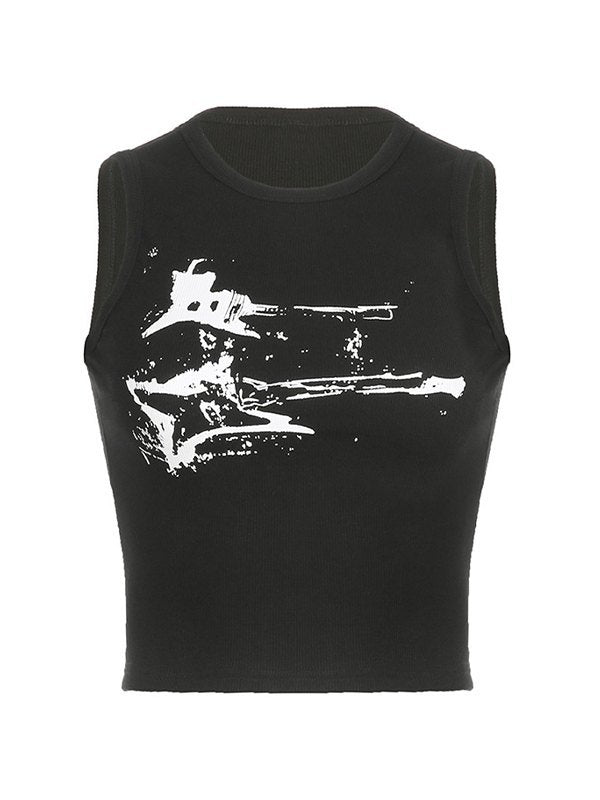 Black ribbed crop tank top with guitar motif