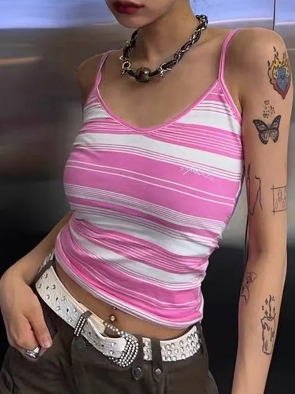 Pink Y2k Stripe Crop Cami Top