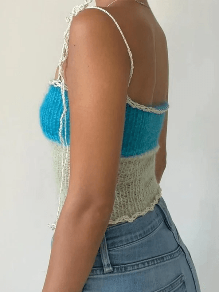 Vintage Lace Up Design Knitted Slim Crop Cami Top