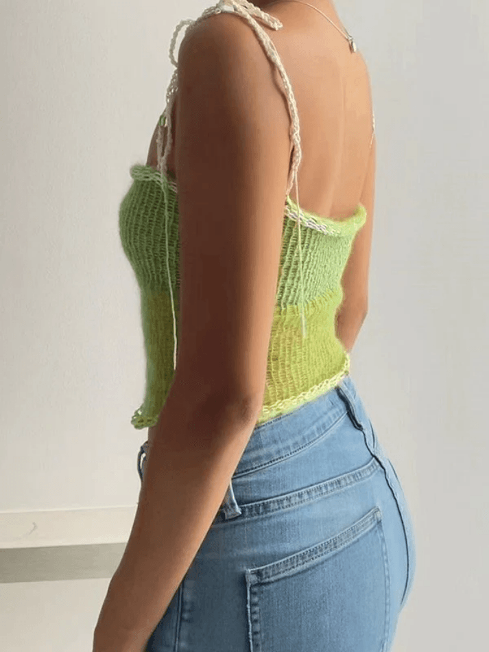 Vintage Lace Up Design Knitted Slim Crop Cami Top