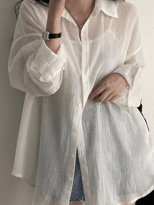 White Classic Sheer Long Sleeve Blouse