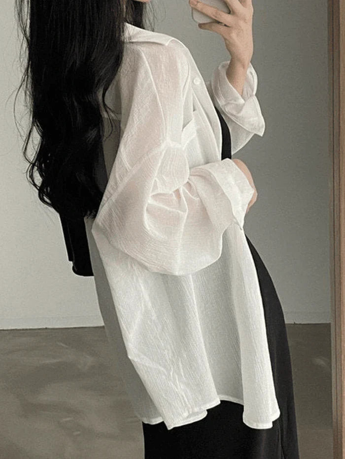 White Classic Sheer Long Sleeve Blouse