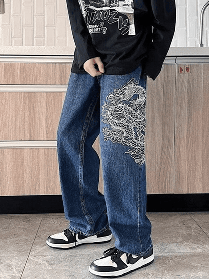 Blue Hip Hop Men's Straight Leg Jeans with Dragon Embroidery