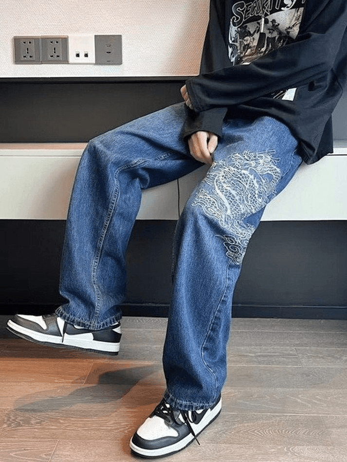 Blue Hip Hop Men's Straight Leg Jeans with Dragon Embroidery