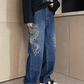 Blue Hip Hop Men's Straight Leg Jeans with Dragon Embroidery