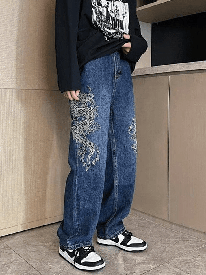 Blue Hip Hop Men's Straight Leg Jeans with Dragon Embroidery