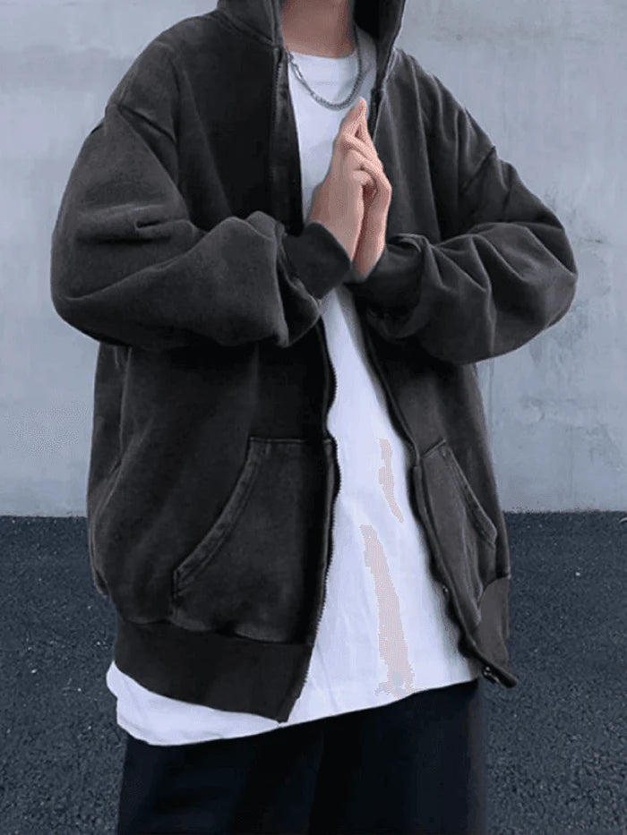 Dark Vintage Oversize Washed Zip Up Hoodie