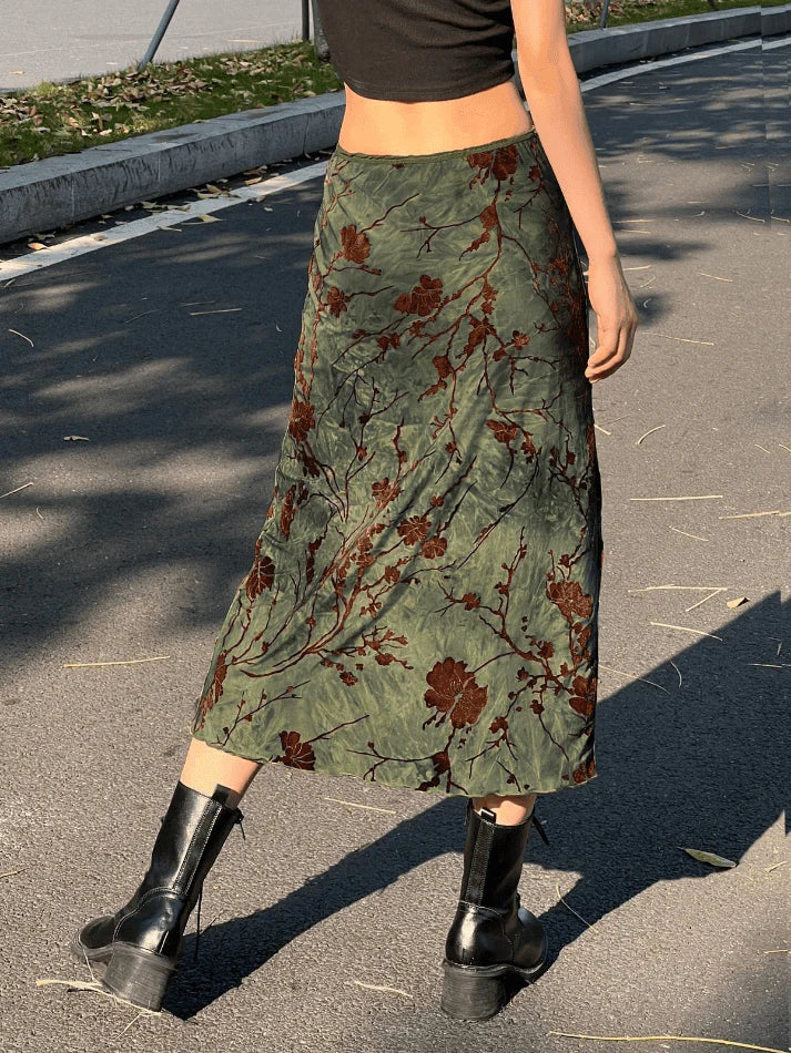 Vintage midi skirt with floral pattern and mesh