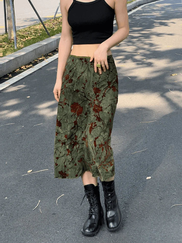 Vintage midi skirt with floral pattern and mesh