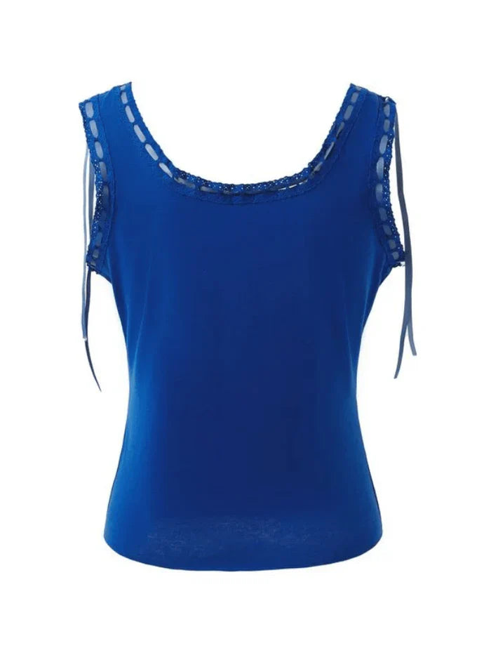 Blue Vintage Neckline Lace Stitching Cami Top