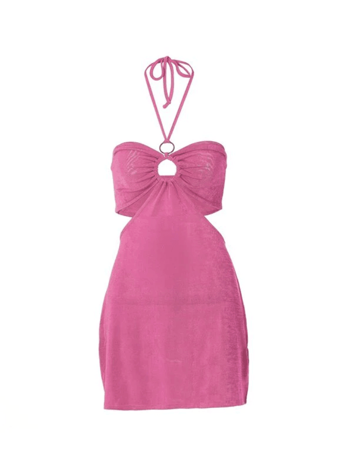 Pink Vintage O Ring Neck Halter Mini Dress