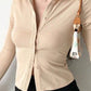 Solid vintage polo collar long sleeve rib blouse