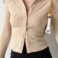 Solid vintage polo collar long sleeve rib blouse