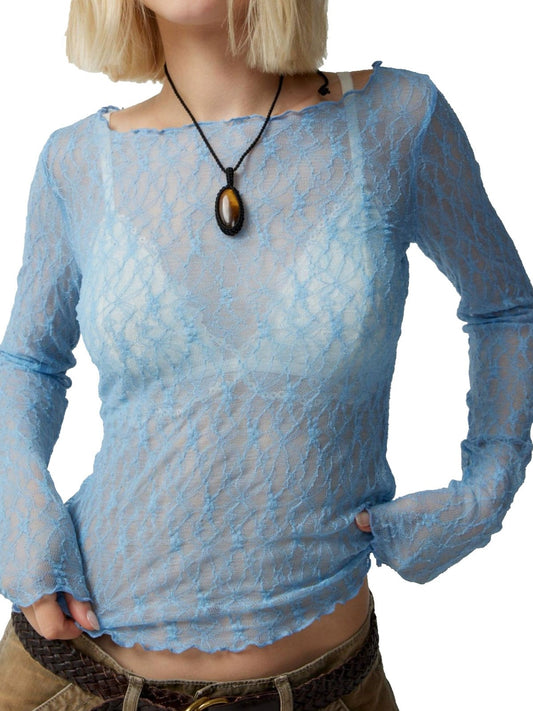 Vintage Perspective Lace Mesh Slim Long Sleeve T Shirt