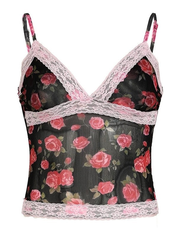 French Rose Pattern Lace Patchwork Cami Top